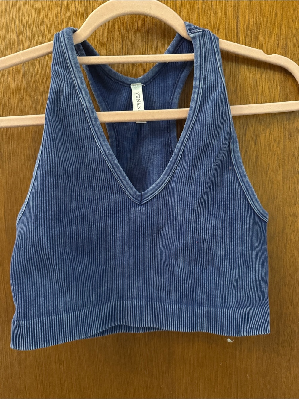 Zenana Outfitters Blue Ribbed V-Neck Cropped Tank